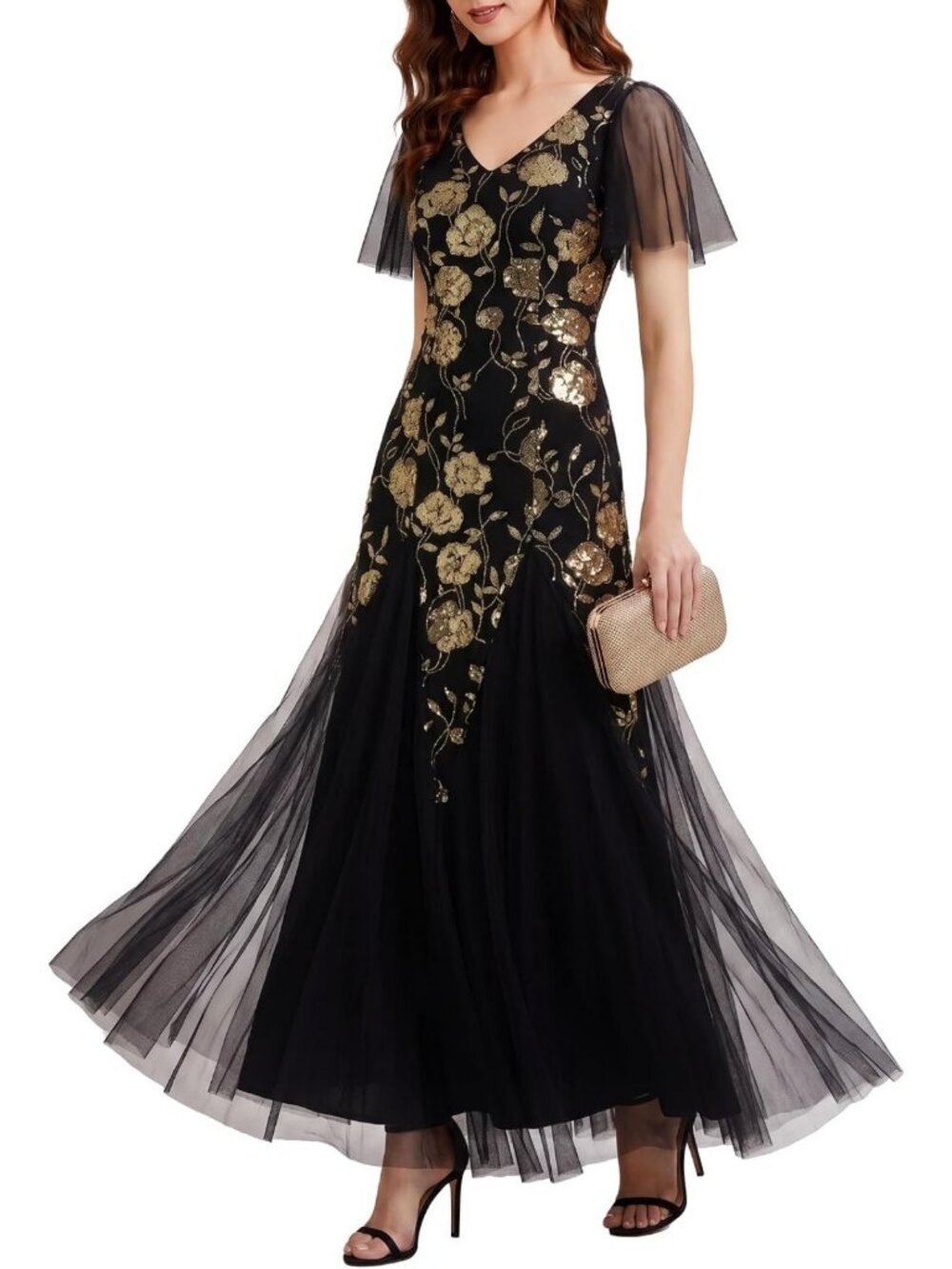 Elegant Sequin Maxi V-Neck Formal Dress for Mother of the Bride - Stunning